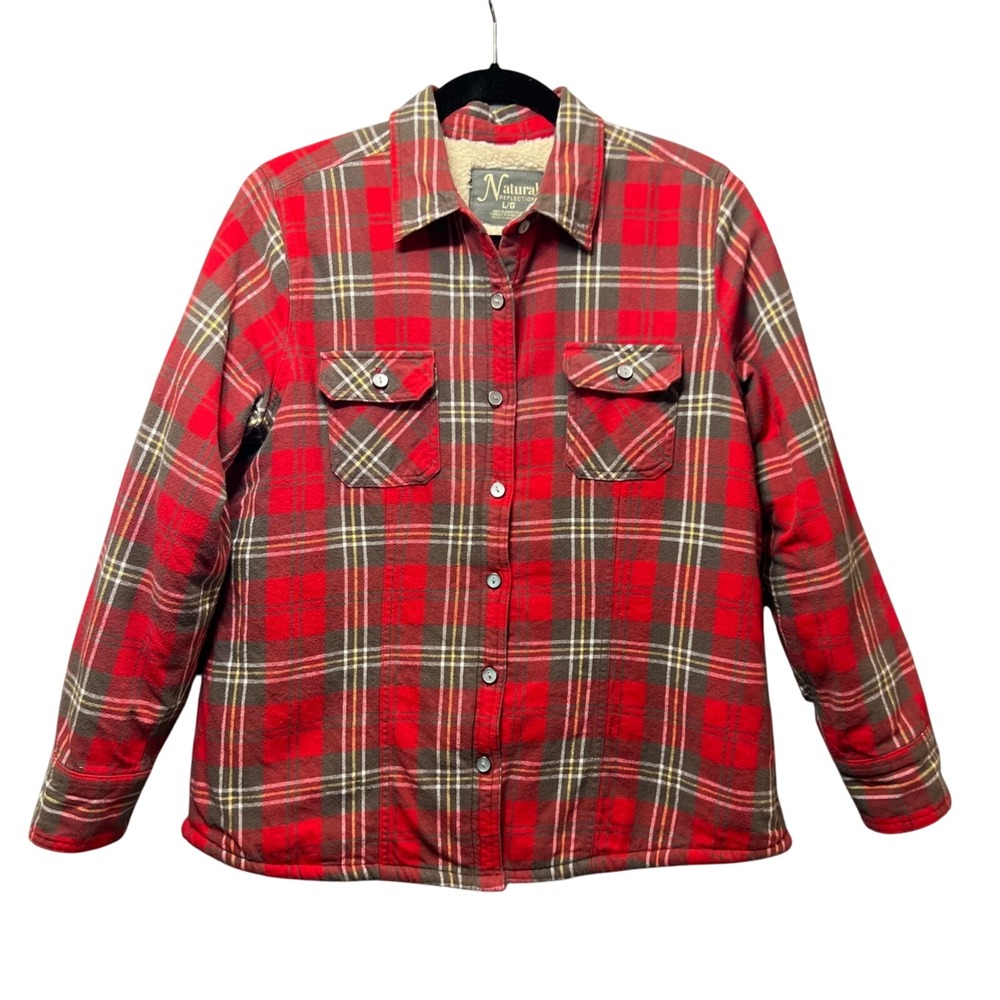 Natural Reflections Sherpa‎ Lined Flannel Shacket Shirt Jacket Large Red Plaid